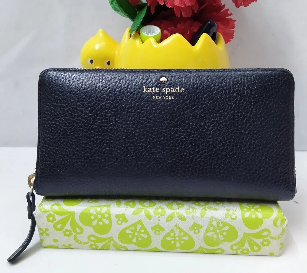 Kate Spade New York Black Pebbled Zip Around Credit Card Long Wallet